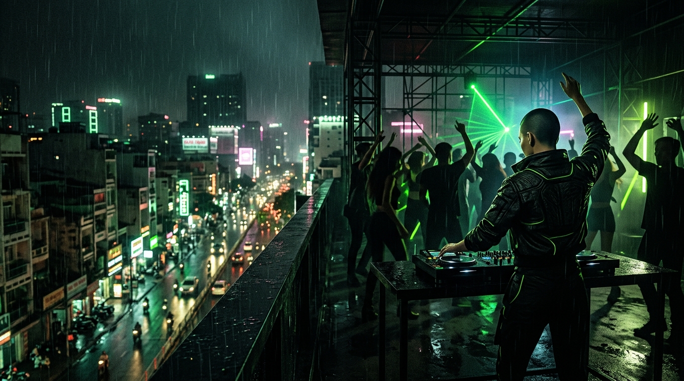 Rainy Ho Chi Minh City rooftop techno scene with green laser light