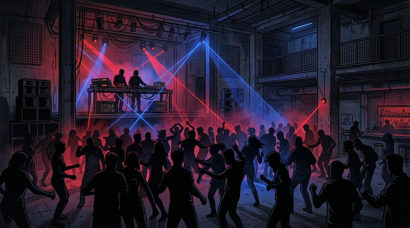 Stylized underground techno dancefloor with red and blue lights