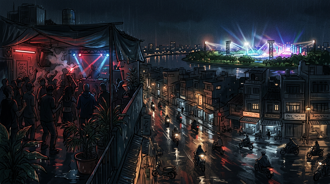Illustrated split between an intimate rooftop techno club and a distant large festival
